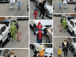 Pai e filha usam fantasias para levar lixo durante o isolamento na Espanha